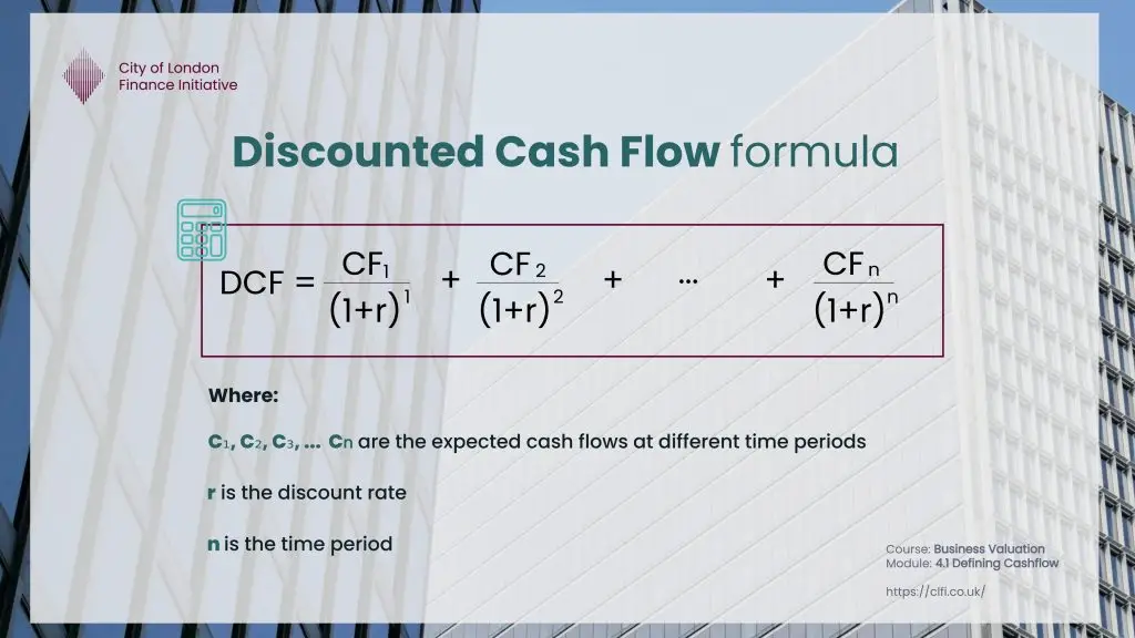 Discounted Cash Flow (DCF) formula: DCF equals the sum of expected cash flows (CF) divided by (1 + r) to the power of n, where r is the discount rate and n is the time period.
